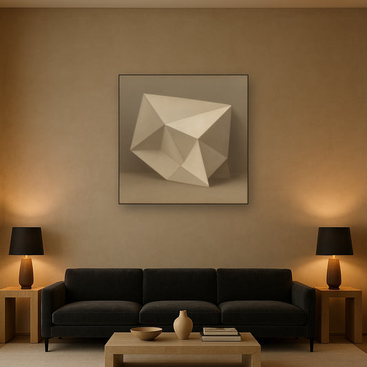 Folded Paper Geometry in Neutral Gradient Shadows No. 11 Oil Painting Staged Above Sectional Sofa in Living Room, Hand Painted Canvas Wall Art for Home Decor