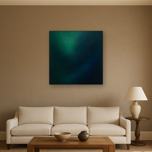 Emerald & Midnight Sapphire Sfumato Immersion No. 14 Oil Painting Staged Above Sectional Sofa in Living Room, Hand Painted Canvas Wall Art for Home Decor
