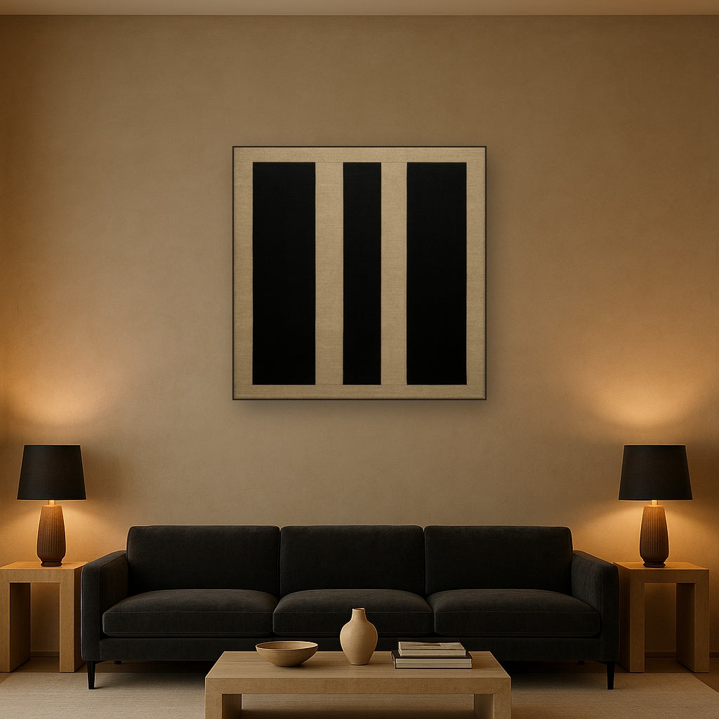 Minimalist Black Stripe & Raw Linen Rhythm No. 12 Fine Art Oil Painting - View 2