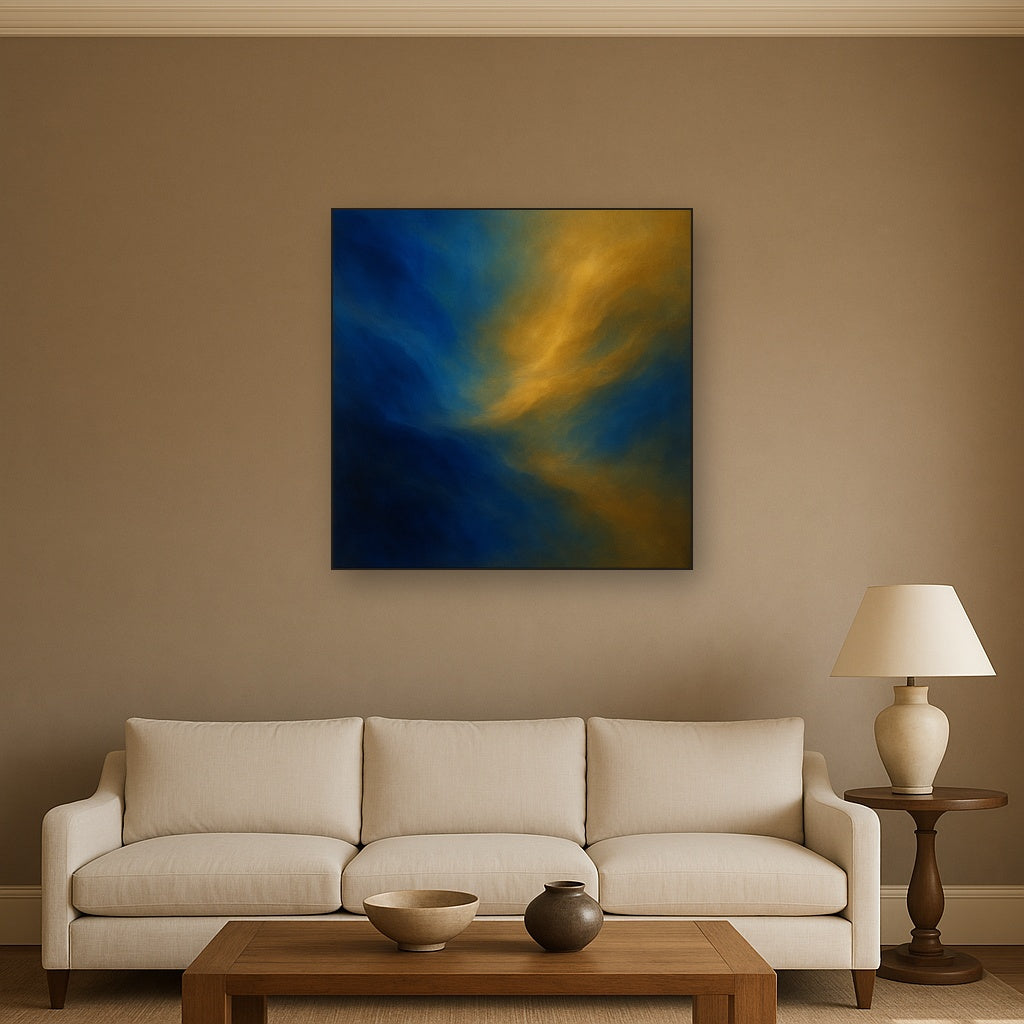 Lapis Lazuli & Golden Ochre Luminous Field No. 4 Oil Painting Staged Above Sectional Sofa in Living Room, Hand Painted Canvas Wall Art for Home Decor