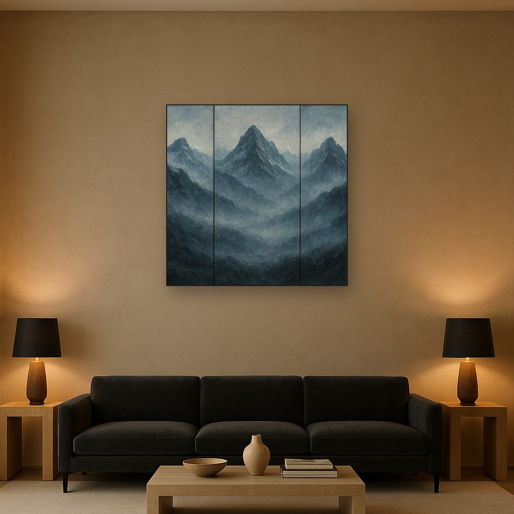 Alpine Mist Triptych Masterpiece Oil Painting - Styled in Modern Living Room