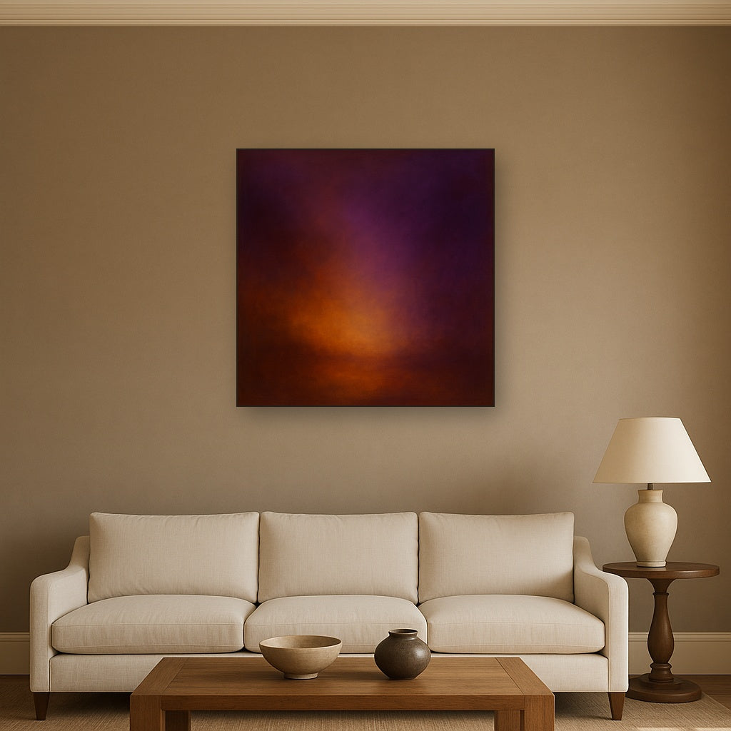 Burnt Amber & Velvet Amethyst Atmosphere No. 12 Oil Painting Staged Above Sectional Sofa in Living Room, Hand Painted Canvas Wall Art for Home Decor