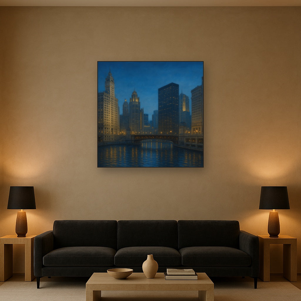 Chicago Riverfront Architecture at Blue Hour No. 2 Oil Painting - View 2
