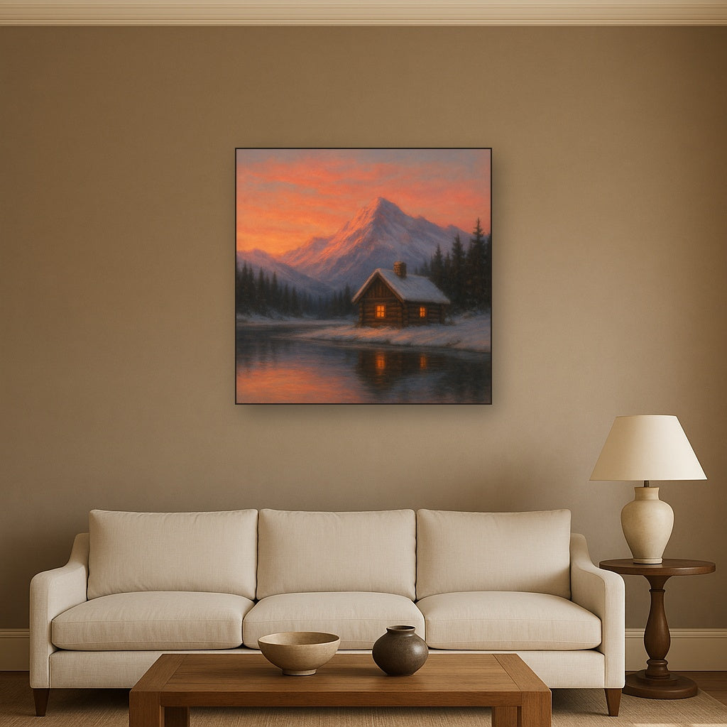 Winter Solstice Mountain Cabin Reflection No. 4 Oil Painting - View 2