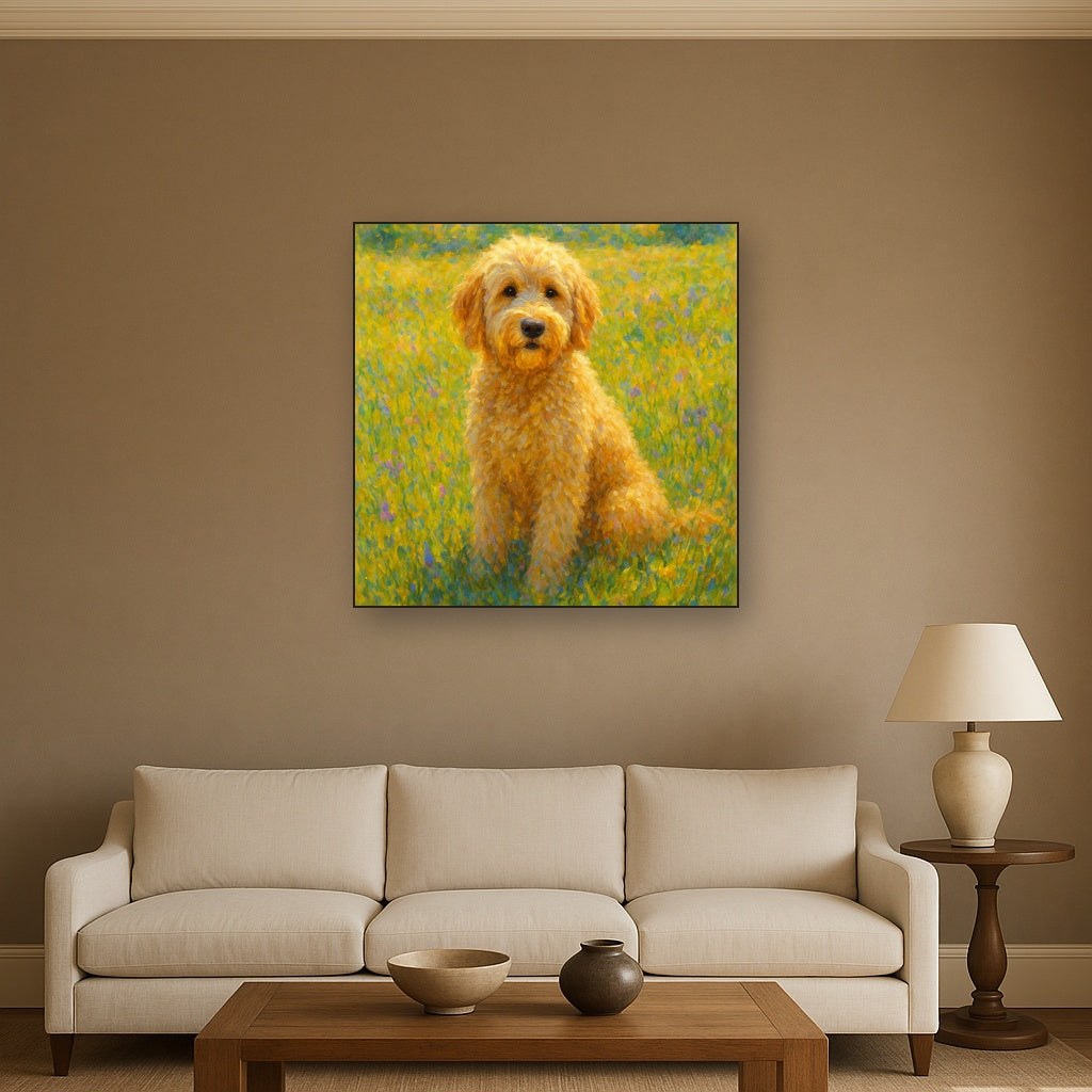 Fluffy Goldendoodle in Sun-Drenched Meadow No. 3 Fine Art Oil Painting - View 2