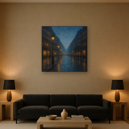 Rainy Parisian Boulevard at Twilight No. 30 Oil Painting Staged Above Sectional Sofa in Living Room, Hand Painted Canvas Wall Art for Home Decor