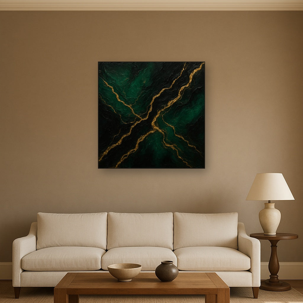 Liquid Gold Veins on Deep Emerald Oil Painting - View 2