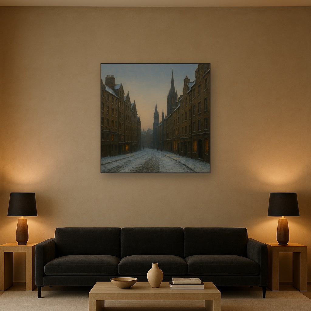 Edinburgh Old Town Royal Mile in Snow No. 6 Oil Painting - View 2