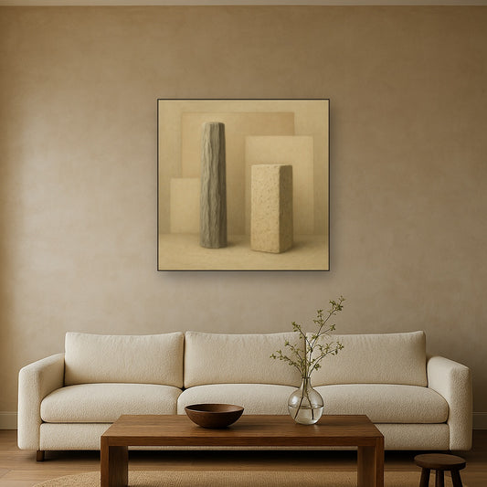 Driftwood Grey & Weathered Stone Monolith No. 20 Oil Painting Staged Above Sectional Sofa in Living Room, Hand Painted Canvas Wall Art for Home Decor