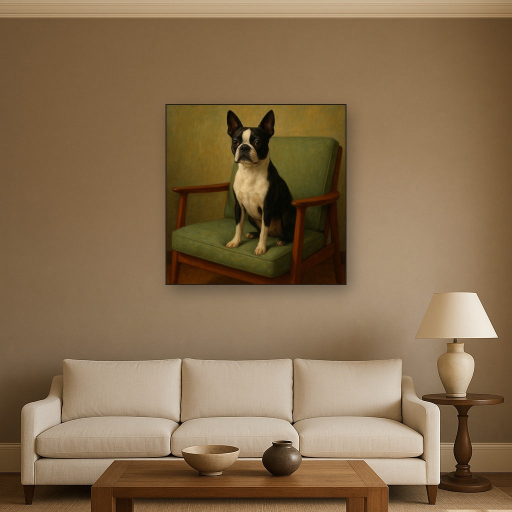 Boston Terrier in Warm Mid-Century Armchair No. 15 Fine Art Oil Painting - View 2