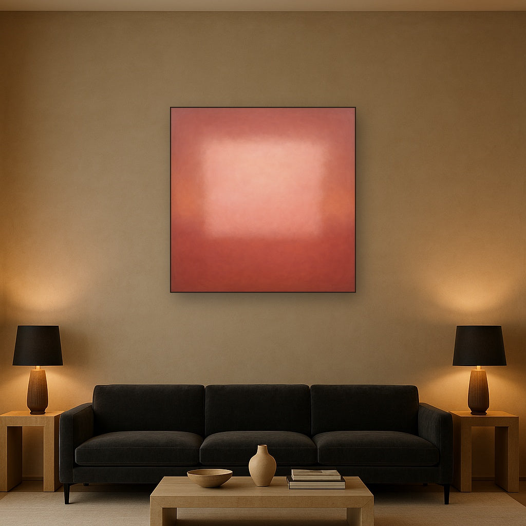 Blush Rose & Dusky Terracotta Ambient Glow No. 21 Oil Painting Staged Above Sectional Sofa in Living Room, Hand Painted Canvas Wall Art for Home Decor