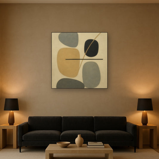 Organic Pebble Contours & Slanted Lines No. 22 Oil Painting Staged Above Sectional Sofa in Living Room, Hand Painted Canvas Wall Art for Home Decor