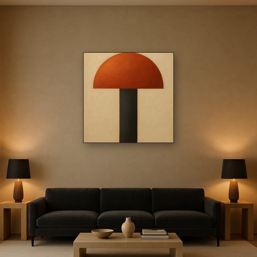 Semicircle Horizon & Minimalist Pillar No. 9 Oil Painting Staged Above Sectional Sofa in Living Room, Hand Painted Canvas Wall Art for Home Decor