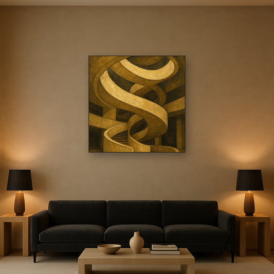 Travertine Spiral Atrium Perspective No. 3 Oil Painting - Styled in Modern Living Room