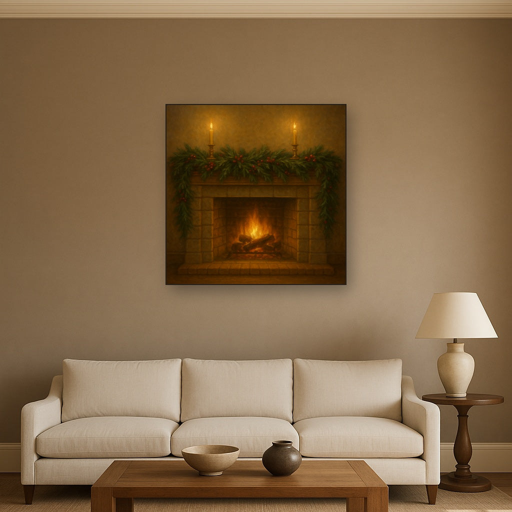 Vintage Fireside Hearth & Cedar Garlands No. 6 Oil Painting - View 2