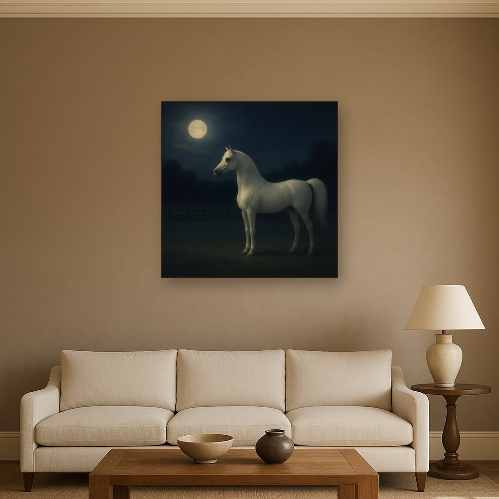Moonlit Paddock with White Arabian Silhouette No. 8 Oil Painting - View 2