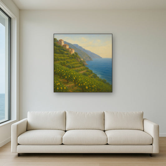 Italian Amalfi Coastline Terraces & Lemon Grove No. 9 Oil Painting Staged Above Sectional Sofa in Living Room, Hand Painted Canvas Wall Art for Home Decor