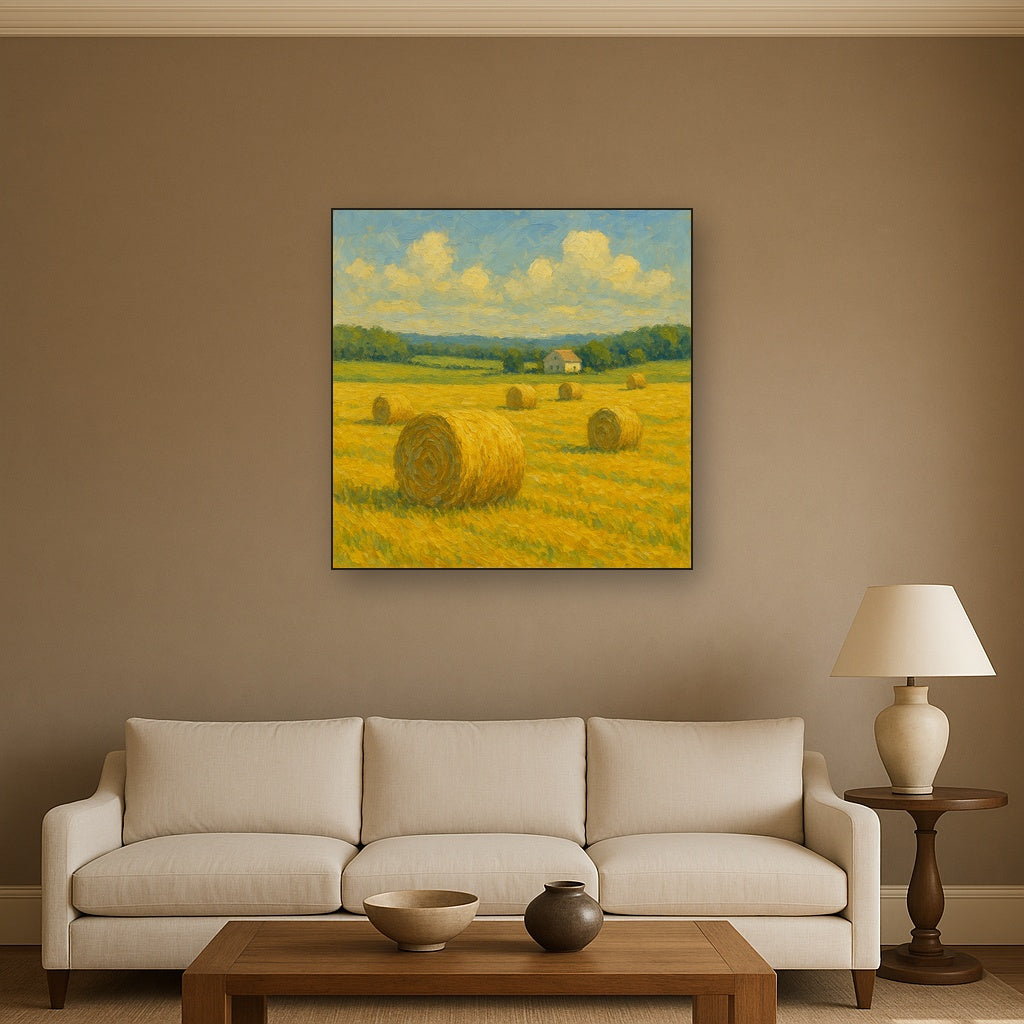 Rolling Meadow Hay Bales Horizon No. 3 Oil Painting - Styled in Modern Living Room