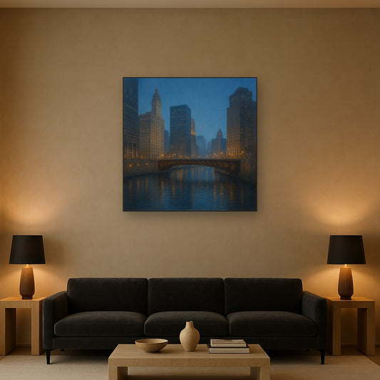 Chicago Riverfront Architecture at Blue Hour No. 6 Oil Painting Staged Above Sectional Sofa in Living Room, Hand Painted Canvas Wall Art for Home Decor