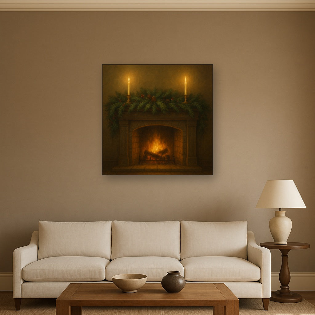 Vintage Fireside Hearth & Cedar Garlands No. 2 Oil Painting - View 2