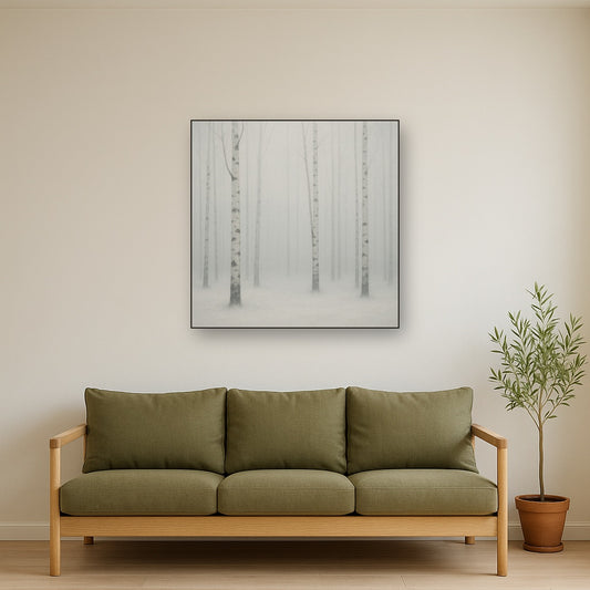 Pale Birch Woodland Silhouette in Whiteout No. 3 Oil Painting Staged Above Sectional Sofa in Living Room, Hand Painted Canvas Wall Art for Home Decor