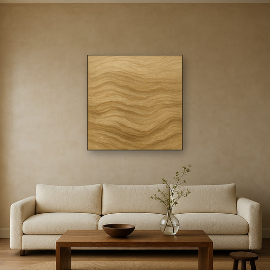 Weathered Mineral Sediments in Warm Ecru No. 8 Oil Painting Staged Above Sectional Sofa in Living Room, Hand Painted Canvas Wall Art for Home Decor