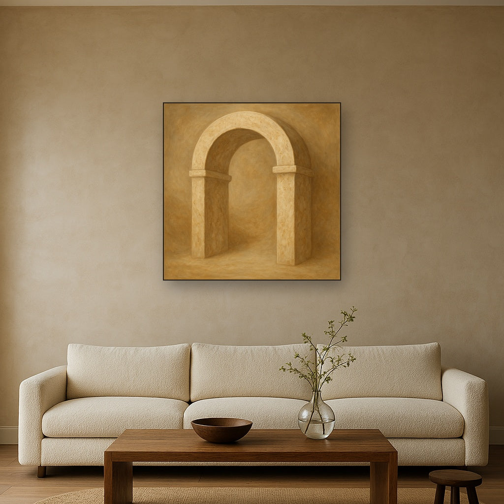 Travertine Stone Arch & Earth Tones No. 3 Oil Painting Staged Above Sectional Sofa in Living Room, Hand Painted Canvas Wall Art for Home Decor