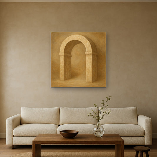 Travertine Stone Arch & Earth Tones No. 3 Oil Painting Staged Above Sectional Sofa in Living Room, Hand Painted Canvas Wall Art for Home Decor