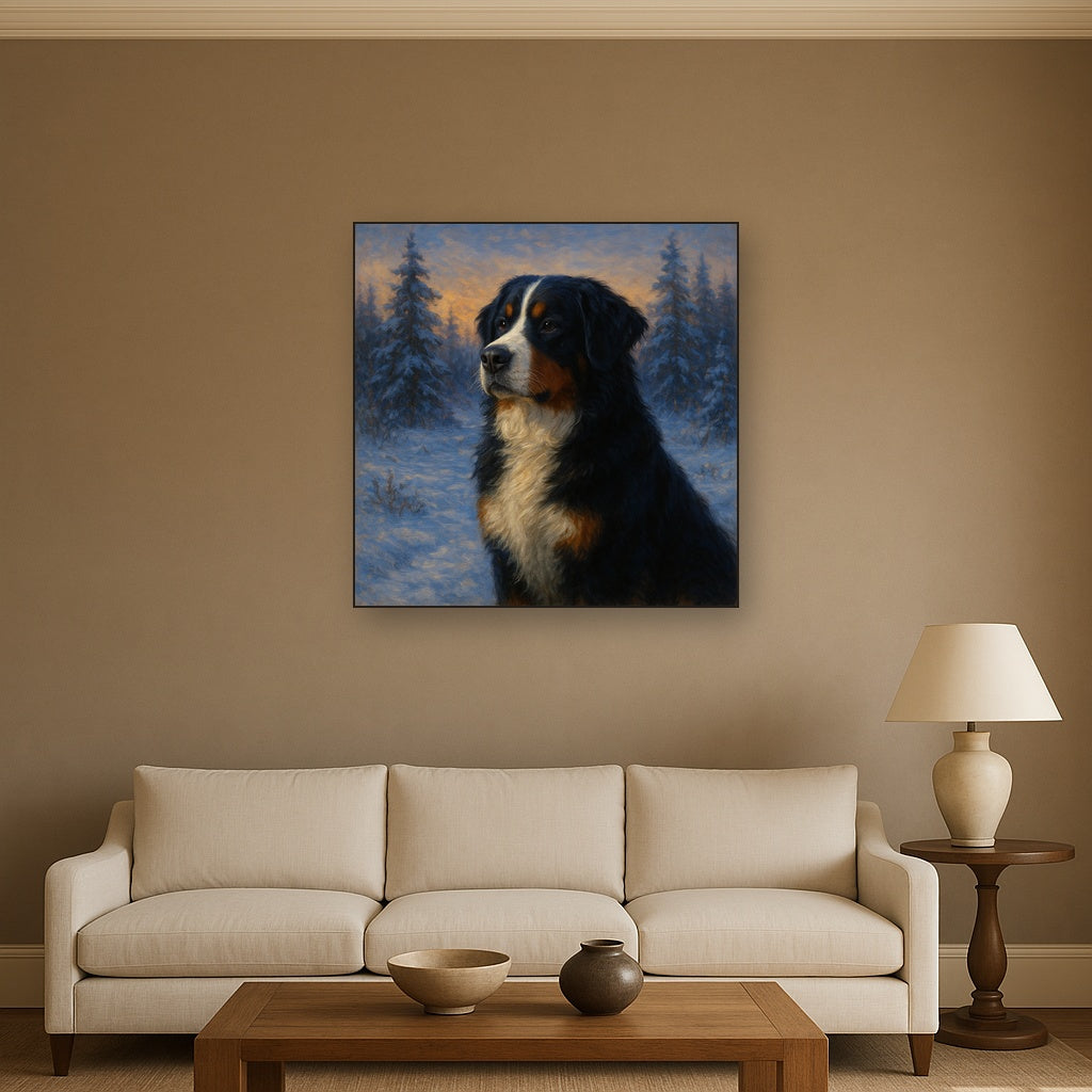 Bernese Mountain Dog in Winter Snowscape No. 17 Fine Art Oil Painting - View 2