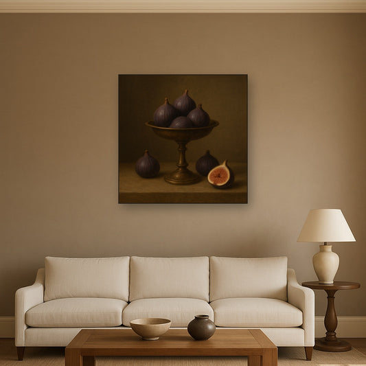 Ripe Figs & Bronze Compote Still Life No. 5 Oil Painting Staged Above Sectional Sofa in Living Room, Hand Painted Canvas Wall Art for Home Decor
