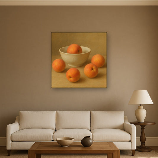 Heirloom Peaches & White Ceramic Bowl No. 5 Oil Painting Staged Above Sectional Sofa in Living Room, Hand Painted Canvas Wall Art for Home Decor