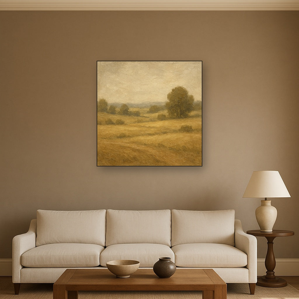 Earthy Linen Plaster Countryside Calm No. 3 Oil Painting - Styled in Modern Living Room