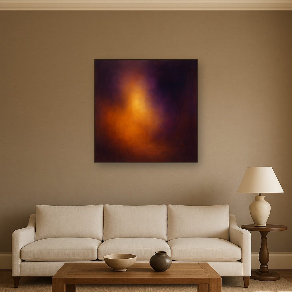 Burnt Amber & Velvet Amethyst Atmosphere No. 9 Oil Painting Staged Above Sectional Sofa in Living Room, Hand Painted Canvas Wall Art for Home Decor