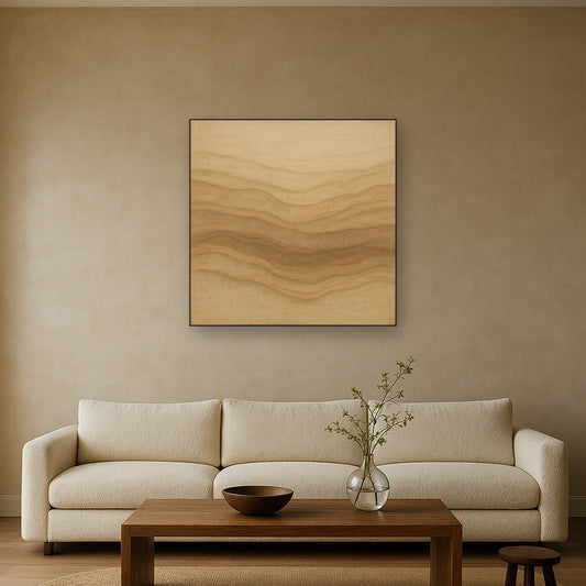Weathered Mineral Sediments in Warm Ecru No. 29 Oil Painting Staged Above Sectional Sofa in Living Room, Hand Painted Canvas Wall Art for Home Decor