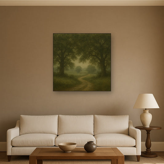Misty English Countryside Lane No. 7 Oil Painting Staged Above Sectional Sofa in Living Room, Hand Painted Canvas Wall Art for Home Decor