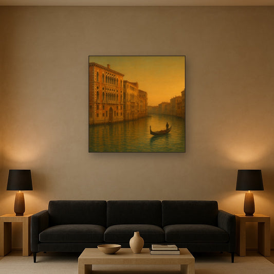 Venetian Canal Palaces at Golden Hour No. 28 Oil Painting Staged Above Sectional Sofa in Living Room, Hand Painted Canvas Wall Art for Home Decor