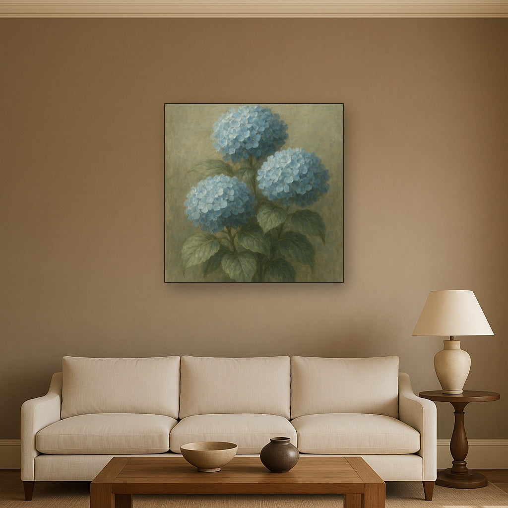 Hydrangea Trio in Dusty Blue & Antiqued Sage Fine Art Oil Painting - View 2