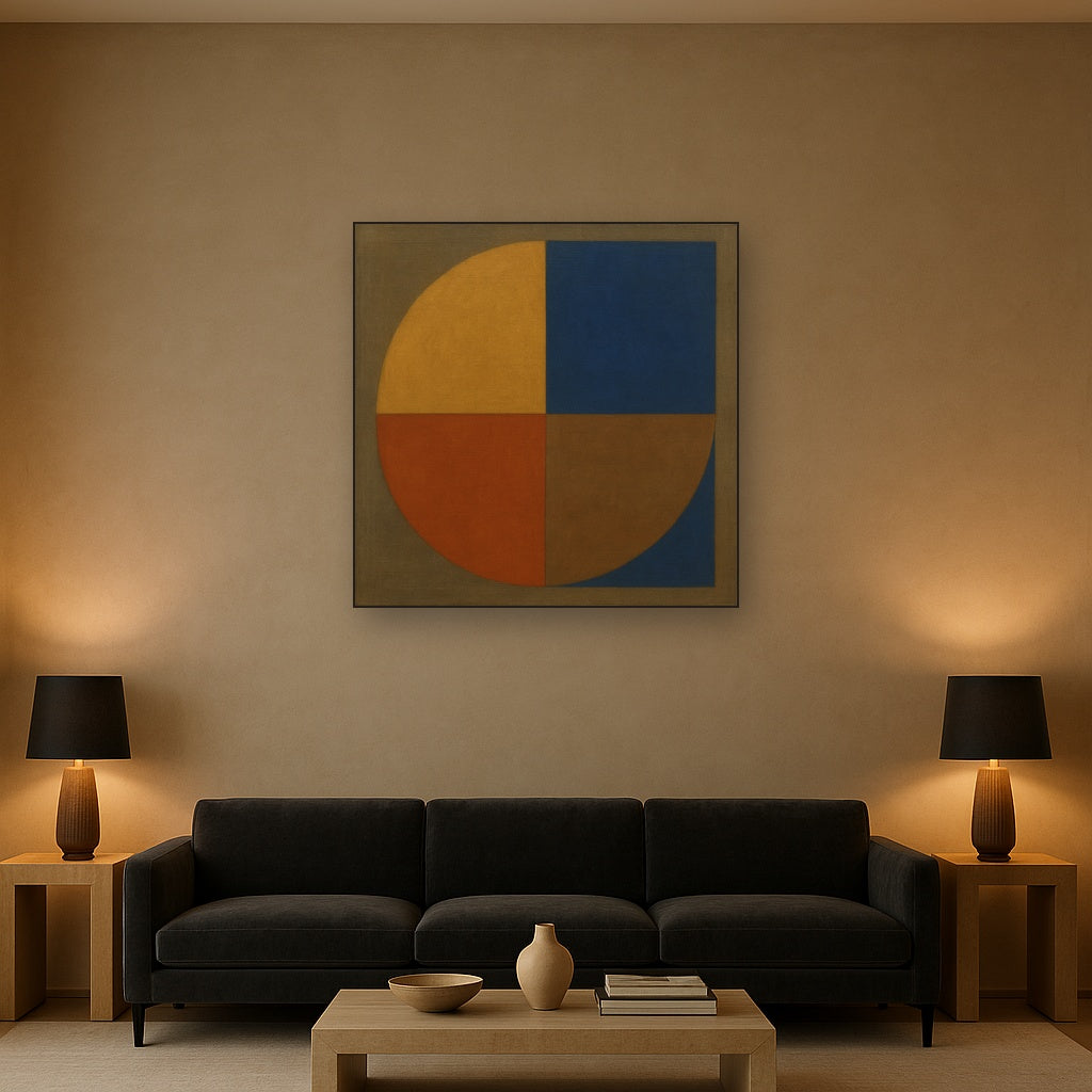Bauhaus Quadrant Harmony in Primary Earth Tones No. 22 Oil Painting Staged Above Sectional Sofa in Living Room, Hand Painted Canvas Wall Art for Home Decor
