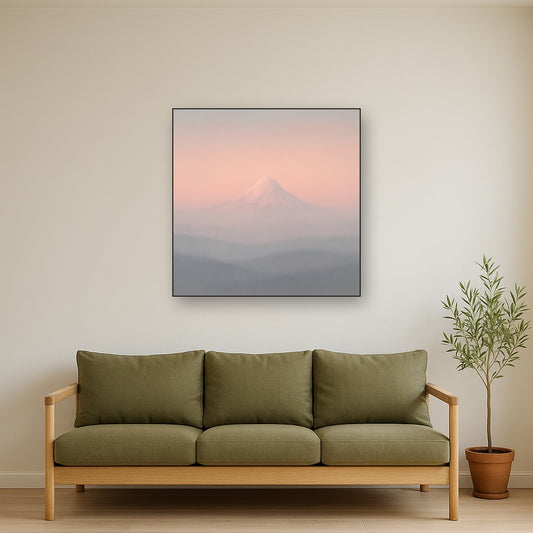 Pale Alpenglow over Distant Glacial Peak Oil Painting Staged Above Sectional Sofa in Living Room, Hand Painted Canvas Wall Art for Home Decor