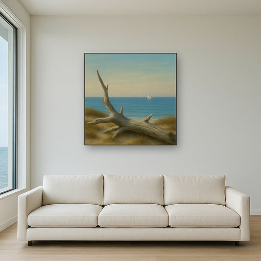 Sun-Bleached Driftwood & Distant Sailboat No. 3 Oil Painting Staged Above Sectional Sofa in Living Room, Hand Painted Canvas Wall Art for Home Decor