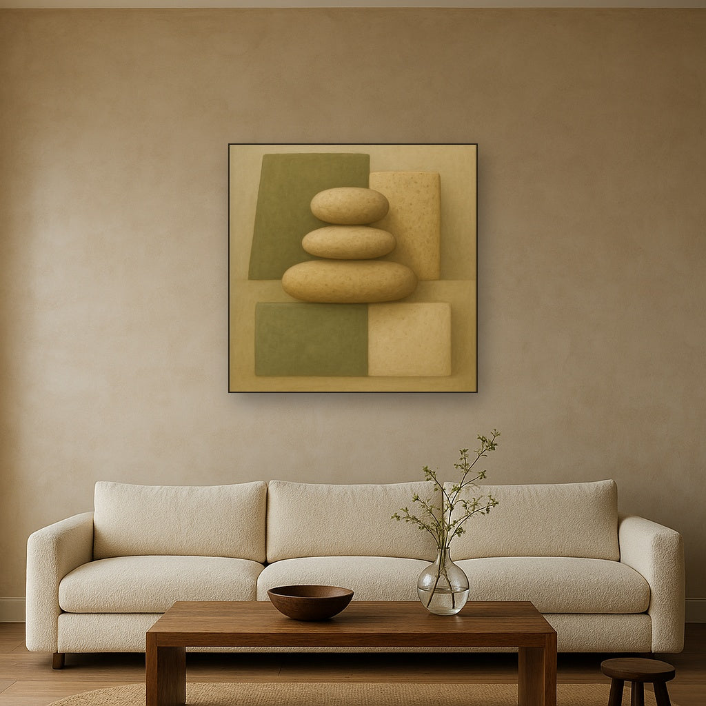 Muted Olive & Sandstone Geometric Balance Oil Painting - View 2