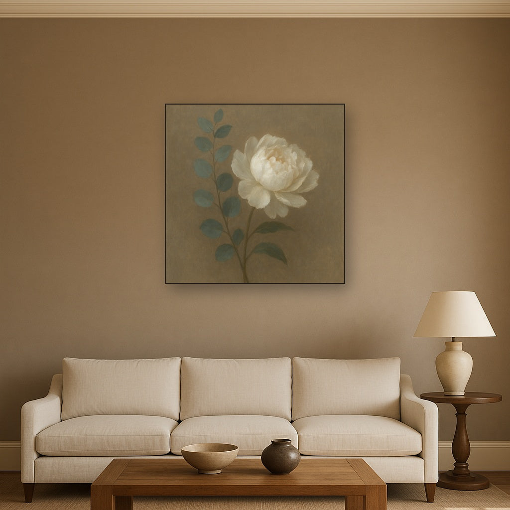 Eucalyptus & White Peony Minimalist Flora No. 10 Fine Art Oil Painting - View 2