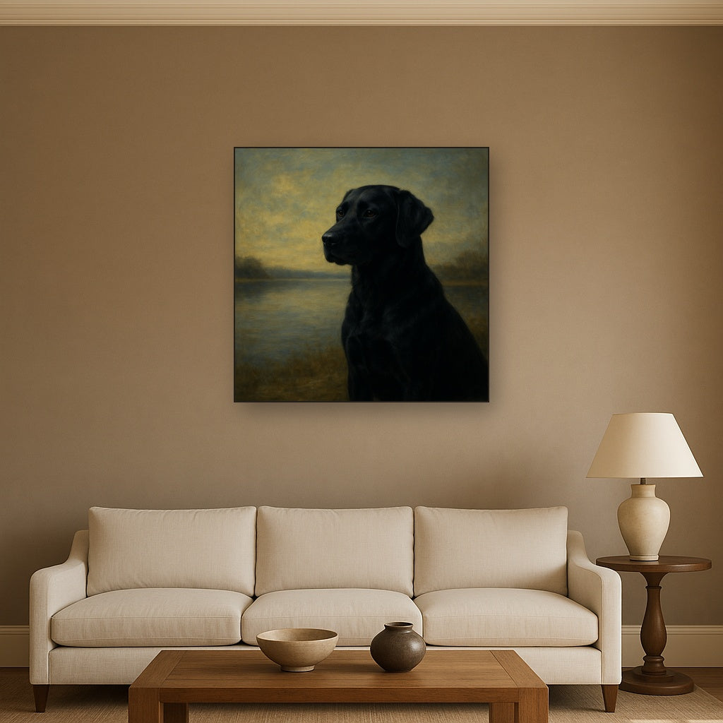 Black Labrador Retriever by Misty Lake Horizon No. 2 Fine Art Oil Painting - View 2