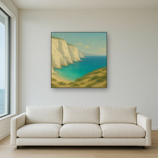 Mediterranean White Cliffs & Turquoise Cove No. 12 Oil Painting Staged Above Sectional Sofa in Living Room, Hand Painted Canvas Wall Art for Home Decor