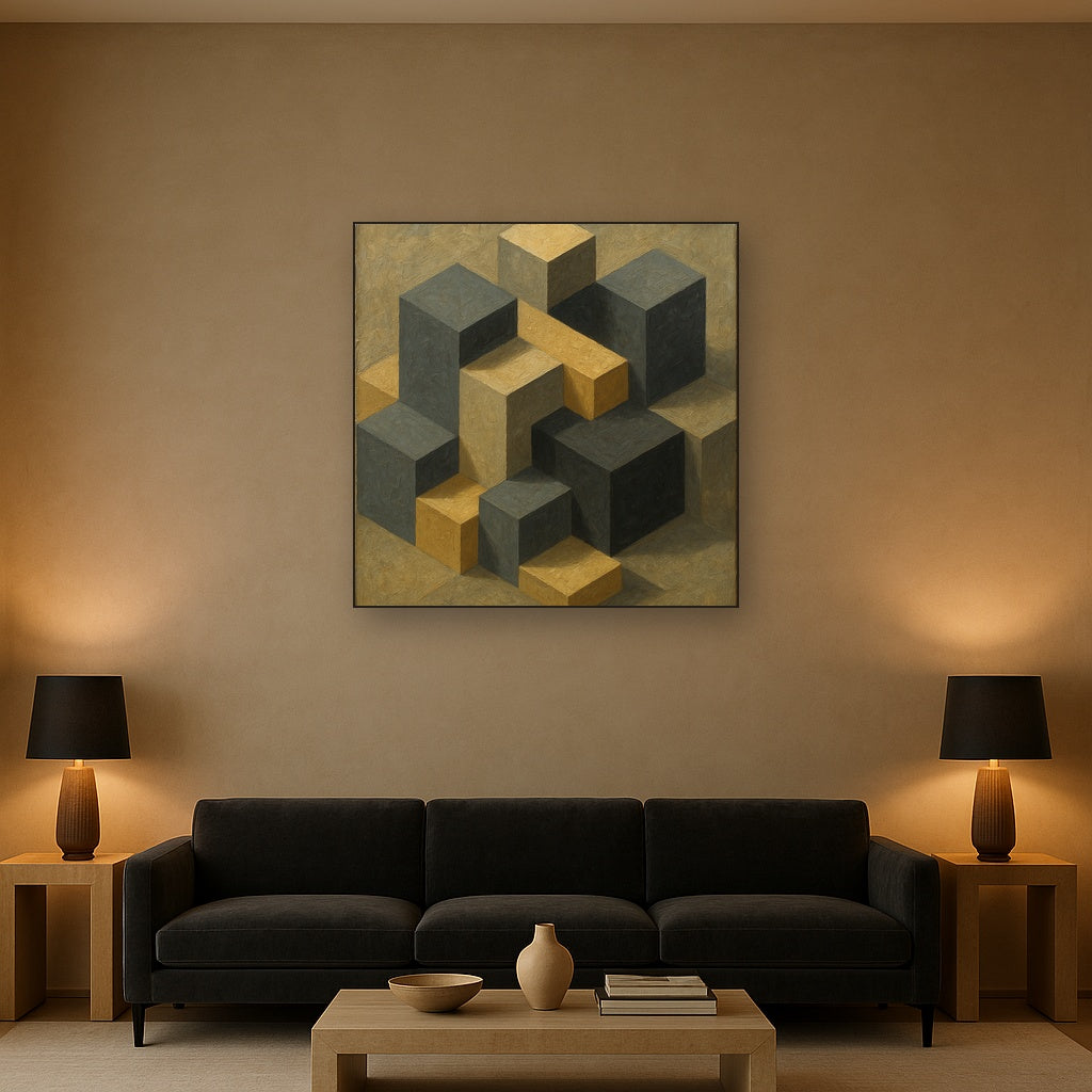 Isometric Modernist Cube Abstraction No. 4 Oil Painting - Styled in Modern Living Room