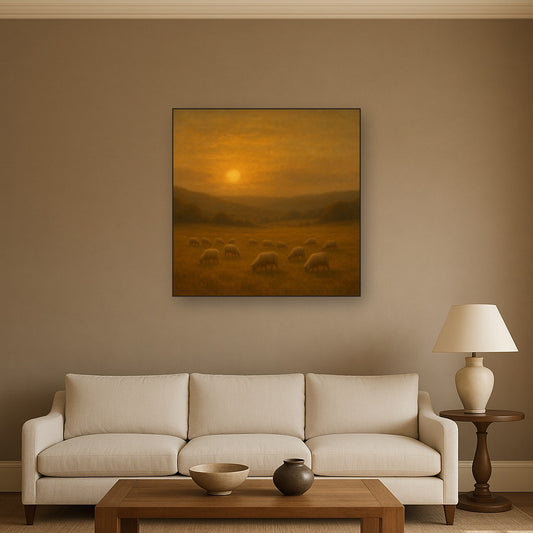 Sunset Grazing Flock in Golden Valley No. 7 Oil Painting Staged Above Sectional Sofa in Living Room, Hand Painted Canvas Wall Art for Home Decor