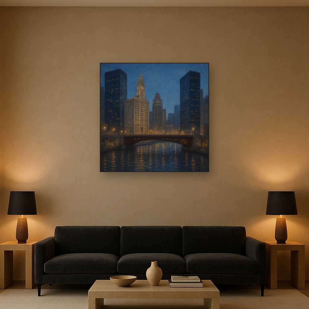 Chicago Riverfront Architecture at Blue Hour No. 19 Oil Painting - View 2