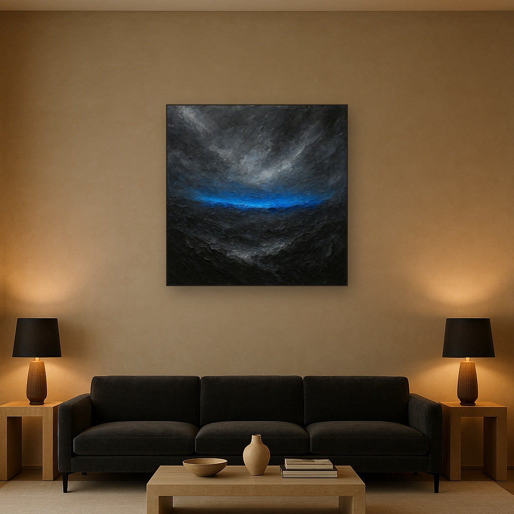 Cobalt Horizon Dynamic Modern Abstract Oil Painting - Styled in Modern Living Room