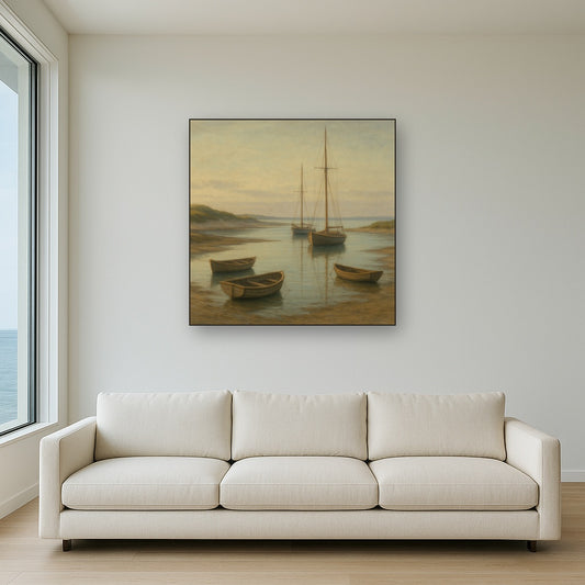 Quiet Fishing Harbor at Morning Low Tide No. 9 Oil Painting Staged Above Sectional Sofa in Living Room, Hand Painted Canvas Wall Art for Home Decor
