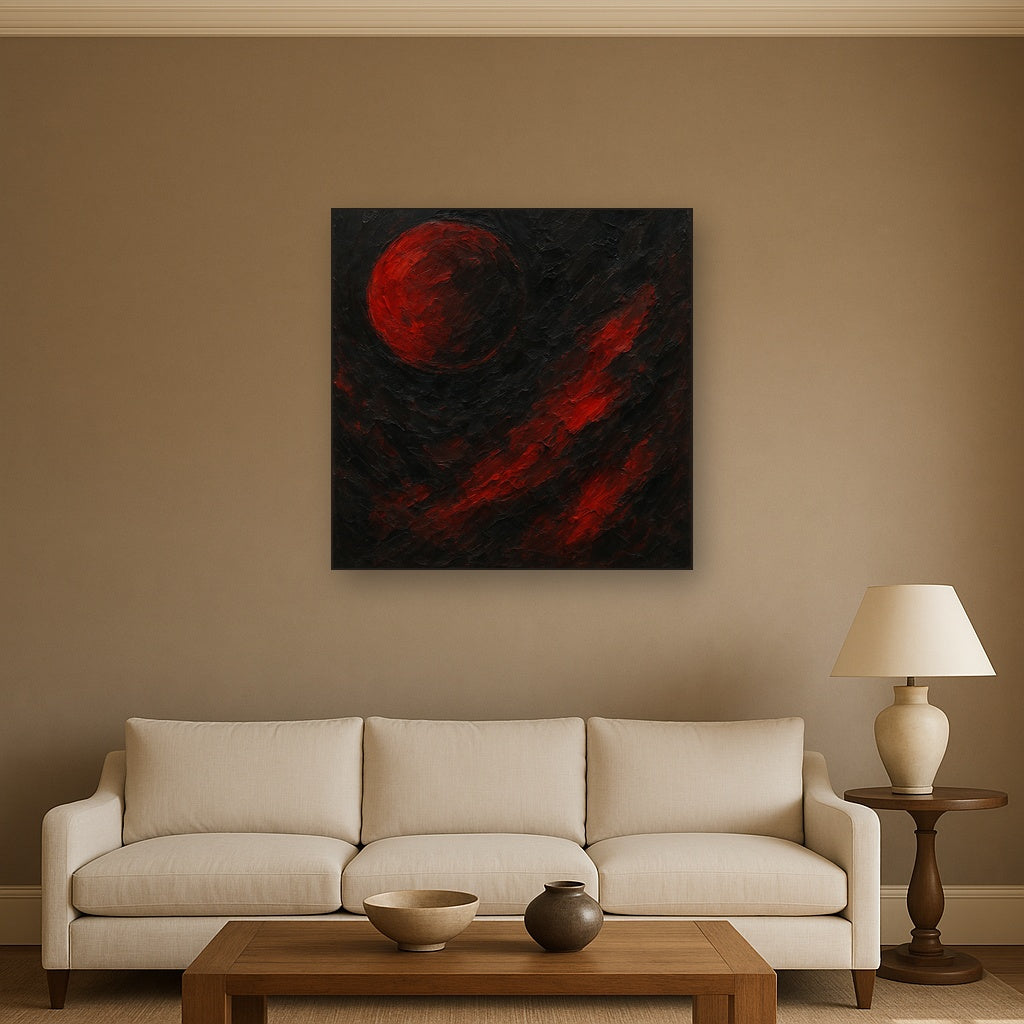 Midnight Onyx & Crimson Eclipse No. 4 Oil Painting - Styled in Modern Living Room